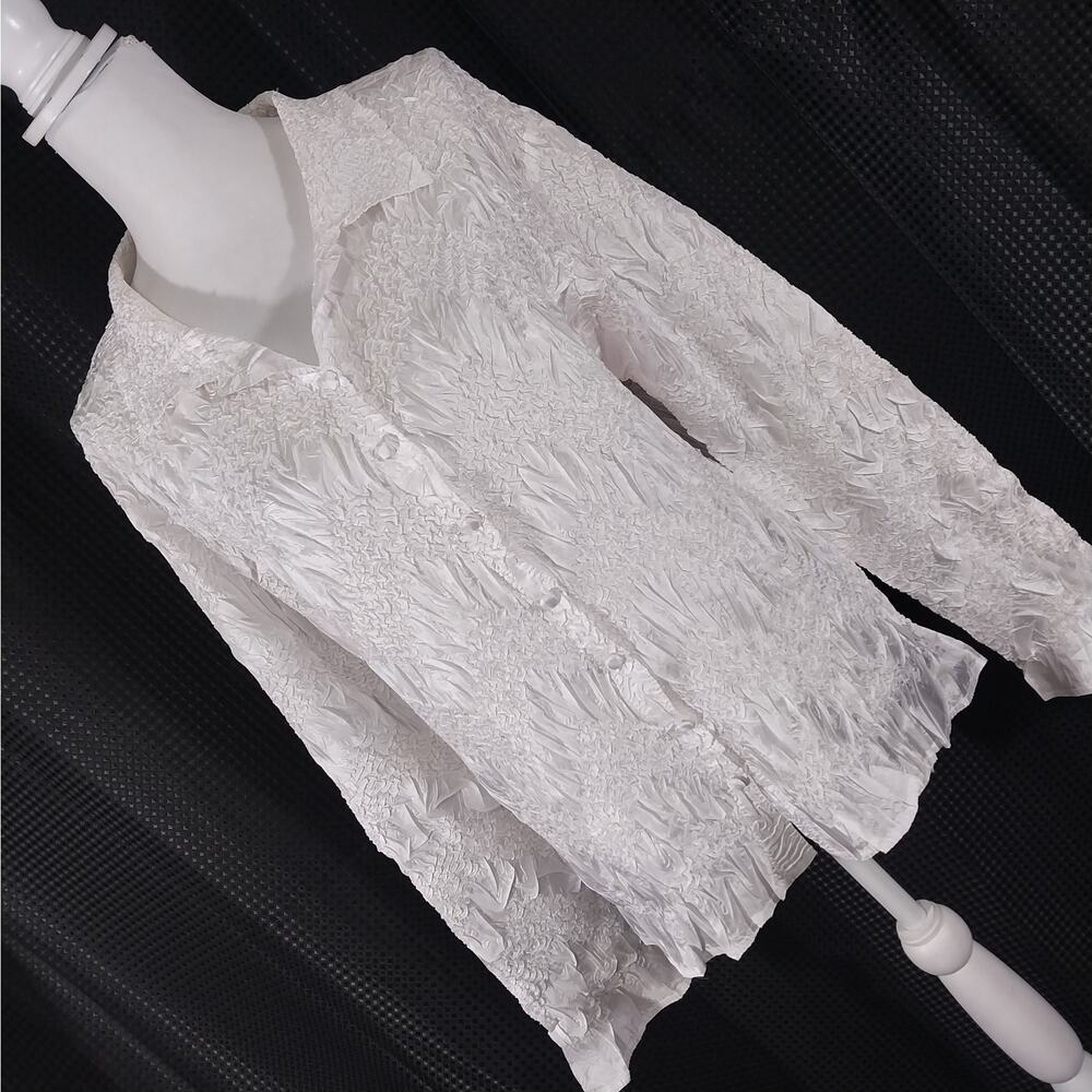 NWOT! W.D.N.Y.! CHIC WHITE SCRUNCHY IMPRINTED LING SLEEVE BLOUSE, TOP! SZ L